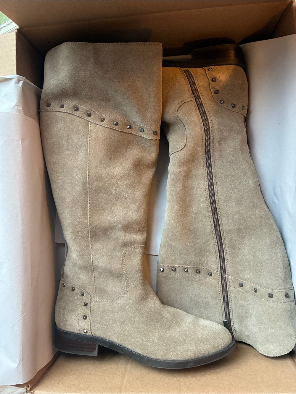 Women's Taupe Suede Knee-High Studded Boots